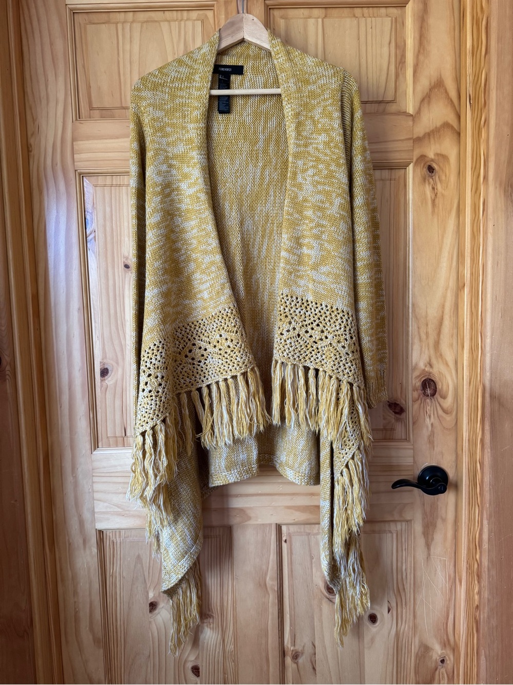Forever 21 mustard and cream fringed draped open waterfall cardigan size Large